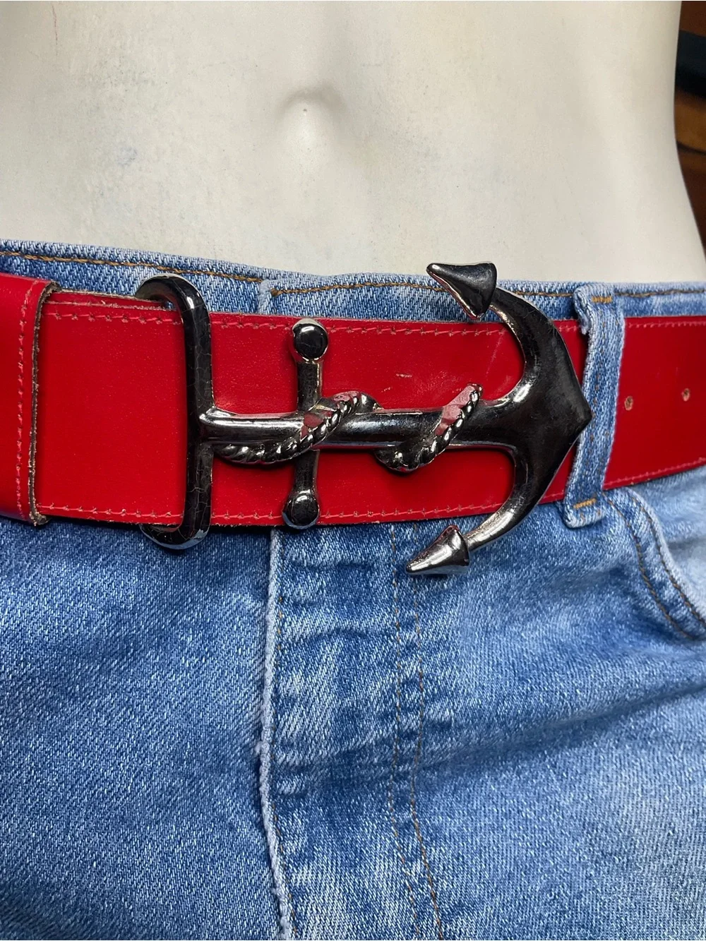 Vintage Nautical red leather anchor belt Sailor Made in USA Size Small Medium